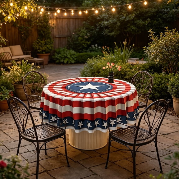 JeashCHAT 4th of July 60 Inch Round Tablecloth, Waterproof Fabric Circle Table Cover, Patriotic Red White Blue Tablecloth for BBQ Picnic Independence Day Party Kitchen Dining Room