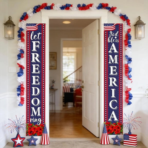 JeashCHAT 4th of July Decorations Banners Porch Sign Outdoor Hanging American Flag Banners Patriotic Decorations Independence Day Front Door Wall Decor, 71"x12"