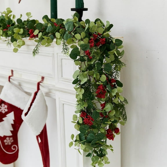 JeashCHAT 5.9 FT Christmas Garland with Red Berries, Green Artificial Christmas Garland for Home Fireplace Mantle, Table, Wall, Indoor, Outdoor Holiday Party Christmas Decorations