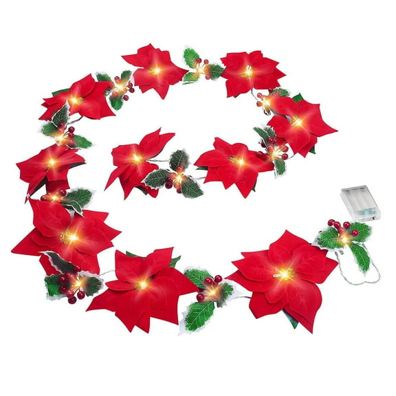 JeashCHAT 6.6 Ft Christmas Red Poinsettia Garland String Lights with Red Berries and Holly Leaves, Battery Operated, Christmas Decorations for Christmas Party Front Door Xmas Tree Decor