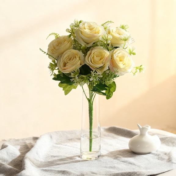JeashCHAT 6 Heads Rose Flowers Bouquet Fake Flowers, Artificial Flowers Silk Roses with Stems Bridal Wedding Bouquet for Home Party Festival Decor, Beige