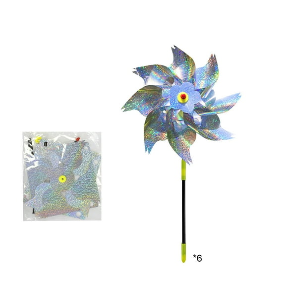 JeashCHAT 6 Pack Reflective Pinwheels with Stakes, Extra Sparkly Pinwheels for Garden Decor, Bird Devices Deterrent to Scare Birds Away from Yard Patio Farm, Silver