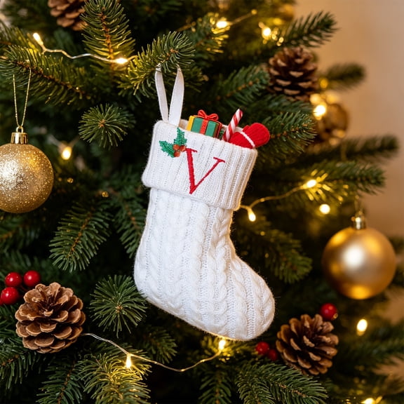 JeashCHAT 7.8 Inches Knitted Mini Christmas Stockings, Embroidered Initial Cable-Knit Christmas Stockings, Personalized Letter Xmas Stockings for Mantel Fireplace Christmas Tree Decorations