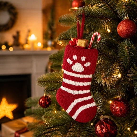 JeashCHAT 7" Mini Christmas Stocking Ornaments, Pet Dog Paw Print Red White Striped Knit Xmas Stocking, Small Candy Gift Bag, Christmas Tree Hanging Stocking