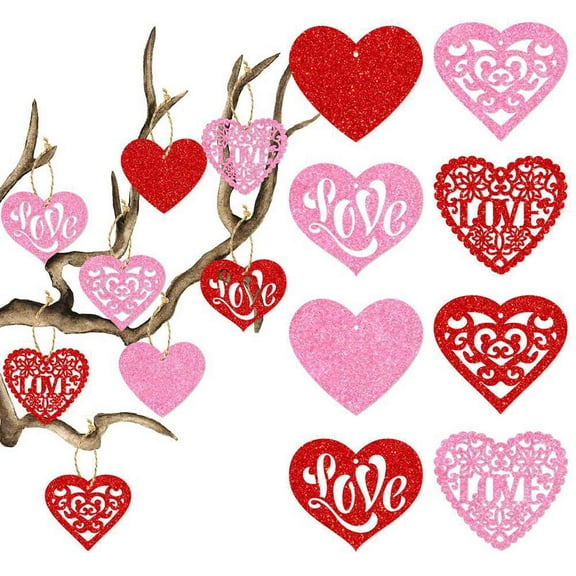 JeashCHAT 8Pcs Valentine's Day Heart Hanging Tags Glitter Red and Pink Love Shaped Decorative Ornaments for Valentines Day Wedding Anniversary Themed Parties