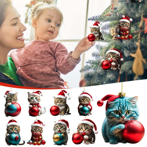 JeashCHAT 9 Pcs Cat Christmas Ornaments Cute Cat Pendants 2D Acrylic Cat Hanging Ornaments Christmas Tree Decorations, Pet Memorial Gifts for Christmas, Funny Cat Christmas Tree Ornaments