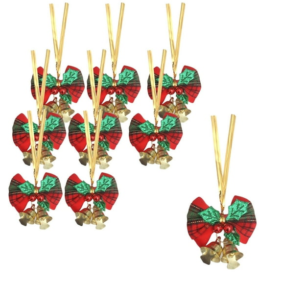 JeashCHAT 9 Pcs Christmas Mini Bows for Wreath Garland Christmas Tree Hanging Decorations, Plaid Bows Ornaments with Bells for Gift Box Present Decor, Small Bowknot Pendants