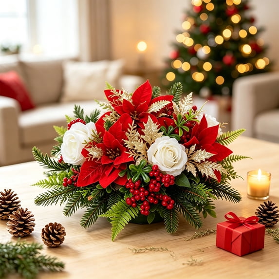 JeashCHAT Artificial Christmas Flowers Poinsettia White Rose Bouquet with Red Berries for Vase Xmas Table Centerpiece Holiday Decor, 17.3"