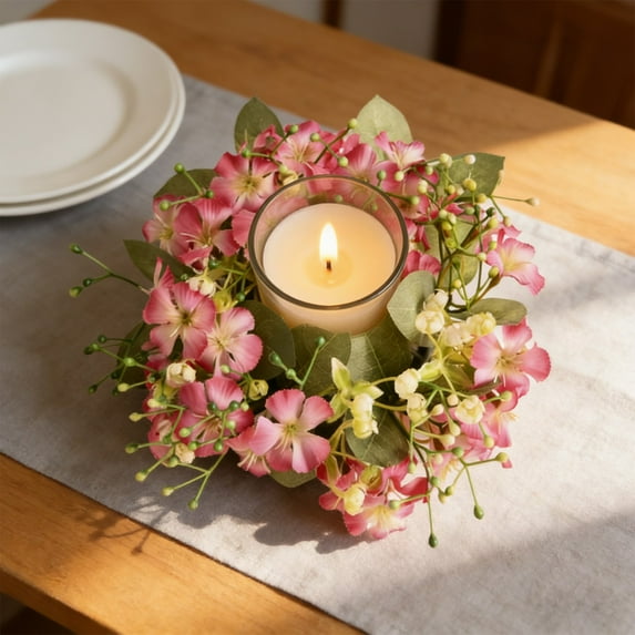 JeashCHAT Artificial Floral Candle Ring Wreath, Spring Summer Artificial Flower Candle Ring, Pillar Candle Holder Ring for Wedding Party Valentine's Day Home Table Decor