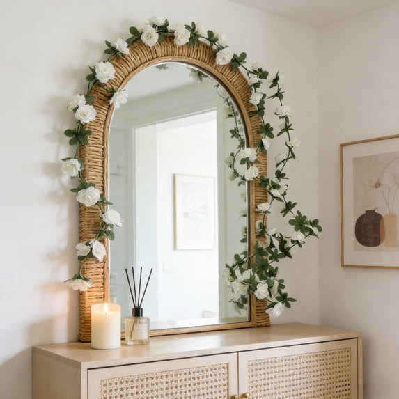 JeashCHAT Artificial Flower Garland 98.4 Inch, Fake Vine Hanging Garland with Silk Flowers and Green Leaves for Spring Summer Wedding Party Home Wall Arch Decor, White