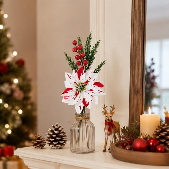 JeashCHAT Artificial Poinsettia Flower Christmas Picks, 12.6 inch Fake Floral Stem Pine Sprigs with Red Berries for Vase Xmas Table Home Party Decor