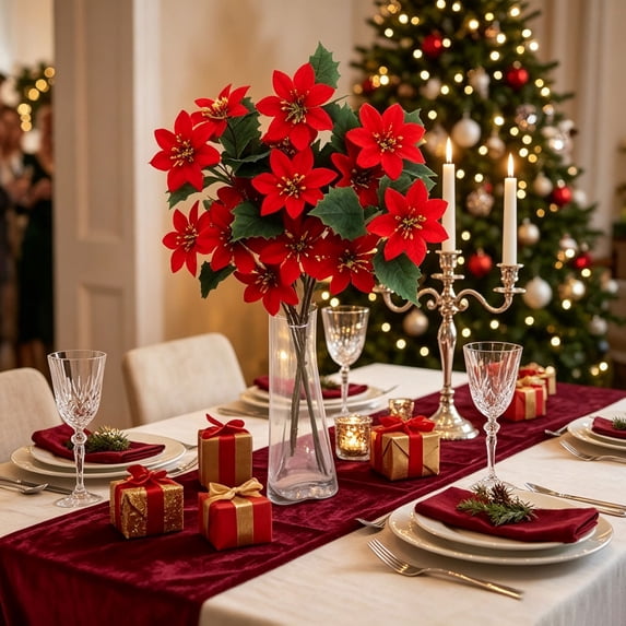 JeashCHAT Artificial Poinsettia Flowers Christmas Flowers 17.7 inch Faux Red Poinsettia Floral Bouquet for Home Office Vase Decor, Winter Holiday Christmas Decorations