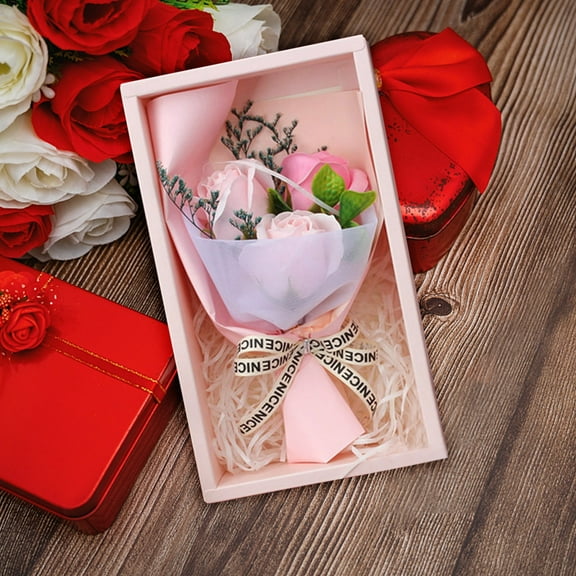JeashCHAT Artificial Rose Flower Bouquet Gifts for Her, 3 Scented Soap Roses Gift Box Valentine's Day Anniversary Wedding Mother's Day Birthday Gift, Pink