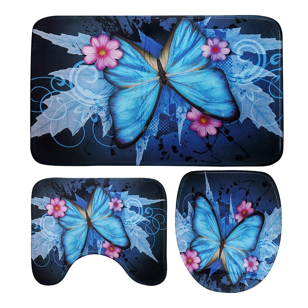 JeashCHAT 3Piece Dark Blue Bathroom Rug Set NonSlip, Butterfly