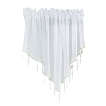 JeashCHAT Beaded Sheer Valance Curtain for Living Room Bedroom Cafe, Rod Pocket Kitchen Valance Curtain Beads Trim Tassel Semi Sheer Window Valance, 51 x 24 Inch, White