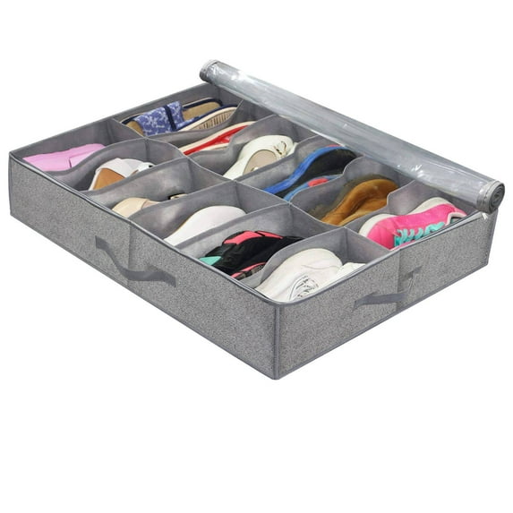 JeashCHAT Under Bed Shoe Storage Organizer, Fits 12 Pairs, Underbed Drawer Closet Shoe Storage Box with Clear Cover and Handles, Closet Organizers and Storage