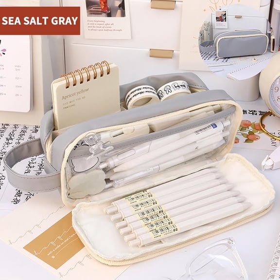 JeashCHAT Big Capacity Pencil Case Large Pencil Pouch with Easy Grip Handle & Loop, Stationery Pen Bag for Office, Gray