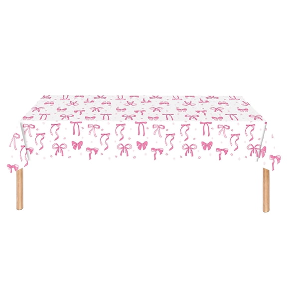 JeashCHAT Birthday Decorations Tablecloths, Bow Disposable Plastic Table Cover Large Size Rectangle Birthday Table Cloth Birthday Party Supplies, 54 x 108 Inch, White