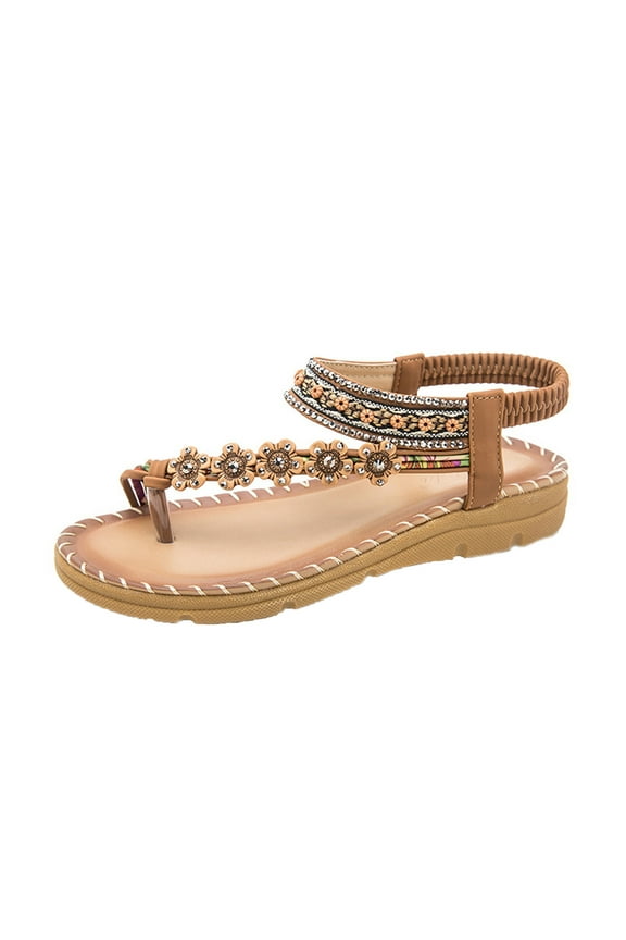 Bohemian Beaded Beach Flat Sandals for Women Dressy Summer Comfortable Walking Shoes Slip On Open Toe Rubber Sole Cushioned Casual Womens Sandal