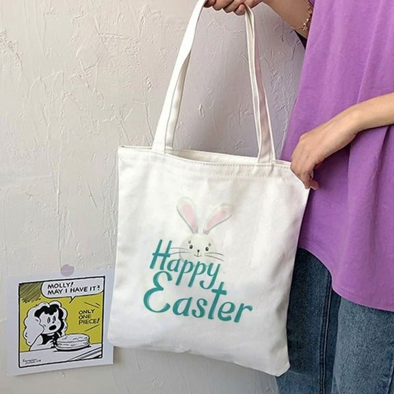 JeashCHAT Canvas Tote Bag for Woman Funny Easter Bunny Tote Bag for Kids Multi-Purpose Reusable Grocery Bags