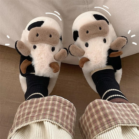 JeashCHAT Cartoon Cow Cotton Slippers Winter Indoor Outdoor Slippers for Women (White)