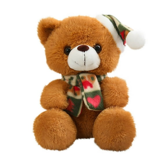JeashCHAT Christmas Bear Stuffed Animal, 7.9 inches Cute Bear Doll Plush Toy with Christmas Hat and Scarf, Christmas Gifts Decorations