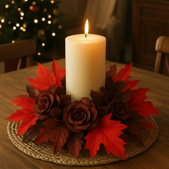 JeashCHAT Christmas Candle Ring Mini Wreath, Fall Halloween Artificial Maple Leaf Rose Candle Ring Holder Centerpiece Xmas Party Table Decoration