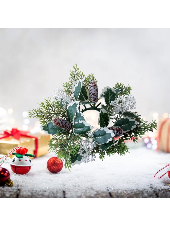 Christmas Candle Rings Wreath Red Berry Pinecones Wreaths Artificial Berries Snowy Pine Garland Candle Ring Holder for Christmas Wedding Home Table Centerpiece