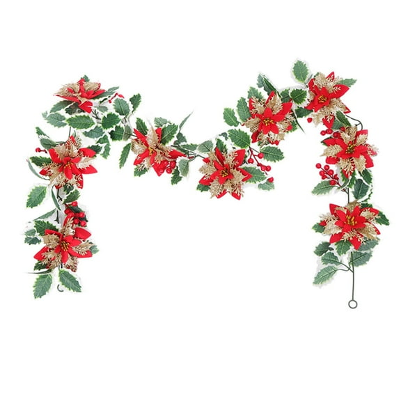 JeashCHAT Christmas Garland 78.74 Inch Artificial Poinsettia Christmas Flowers Red Berries Holly Leaves Hanging Vine Garland for Mantel Table Centerpiece Home Holiday Party Decor