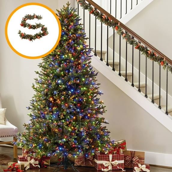 JeashCHAT Christmas Garland with Flowers, 7.2Ft Artificial Green Garland Christmas Decorations Christmas Garland for Home Wedding Fireplace Porch Party Decor