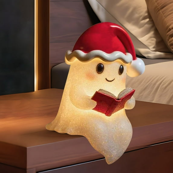 JeashCHAT Christmas Ghost Reading Book Lamp, Halloween Ghost Lamp Cute LED Night Light, Light Up Ghost Statue Night Light with Red Santa Hat, Xmas Holiday Party Table Mantel Decor
