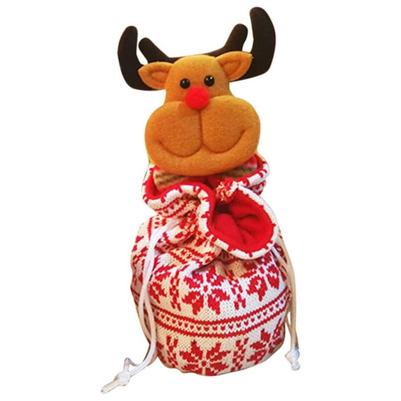 JeashCHAT Christmas Gift Bag with Drawstring, Reusable Knitted Reindeer Candy Bag for Christmas Party Supplies Kids Holiday Gifts Wrapping