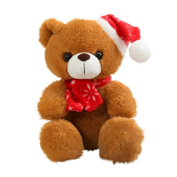 JeashCHAT Christmas Gifts Bear Stuffed Animal 7.9 inches Cute Bear Doll Plush Toy with Red Snowflake Christmas Hat and Scarf, Xmas Holiday Party Decorations