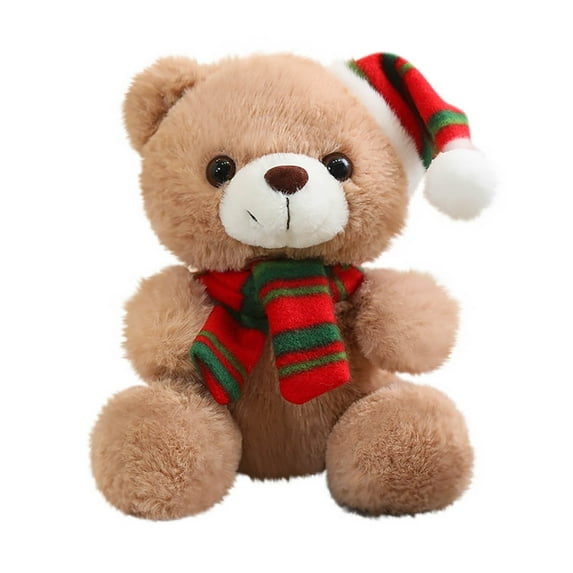 JeashCHAT Christmas Gifts Bear Stuffed Animal 7.9 inches Cute Bear Doll Plush Toy with Striped Christmas Hat and Scarf, Xmas Holiday Party Decorations