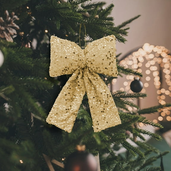 JeashCHAT Christmas Glitter Sequin Bow, Decorative Bow Ornaments for Wreath Garland Christmas Tree Decorations, 6.3" x 3.94" Bow Pendant for Wedding Xmas Holiday Party Decor, Gold