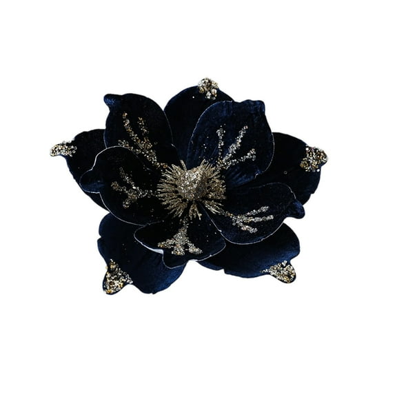 JeashCHAT Christmas Magnolia Flower, 9.44 Inch Velvet Artificial Glitter Poinsettia Flower for Christmas Tree Garland Wreath Decorations (Navy)