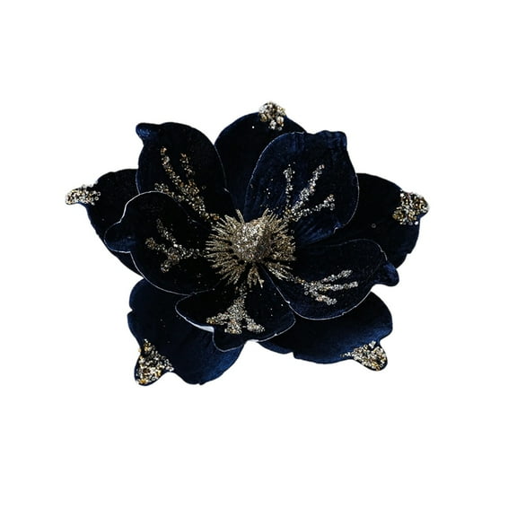 JeashCHAT Christmas Magnolia Flower, 9.44 Inch Velvet Artificial Glitter Poinsettia Flower for Christmas Tree Garland Wreath Decorations (Navy)