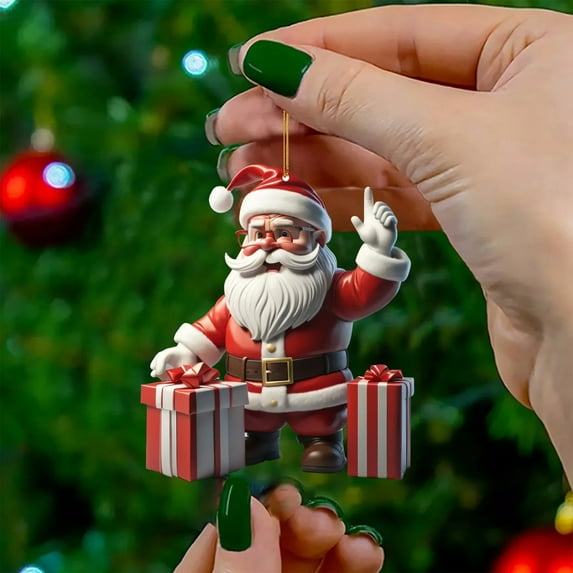 JeashCHAT Christmas Ornaments Santa Claus Pendant Christmas Tree Decorations 2D Acrylic Santa Claus with Gifts Hanging Ornaments for Indoor Home Party Decor Xmas Gifts