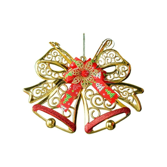 JeashCHAT Christmas Plastic Bow Bell Ornaments, Christmas Tree Xmas Wreath Hanging Decoration, Bow Bell Shape Pendant with Mini Ribbon Bow and Poinsettia Flower, 9" x 11"