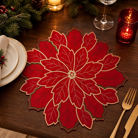 JeashCHAT Christmas Poinsettia Embroidered Placemat, 15" Flower Shape Table Mat for Xmas Holiday Party Dining Table Decor