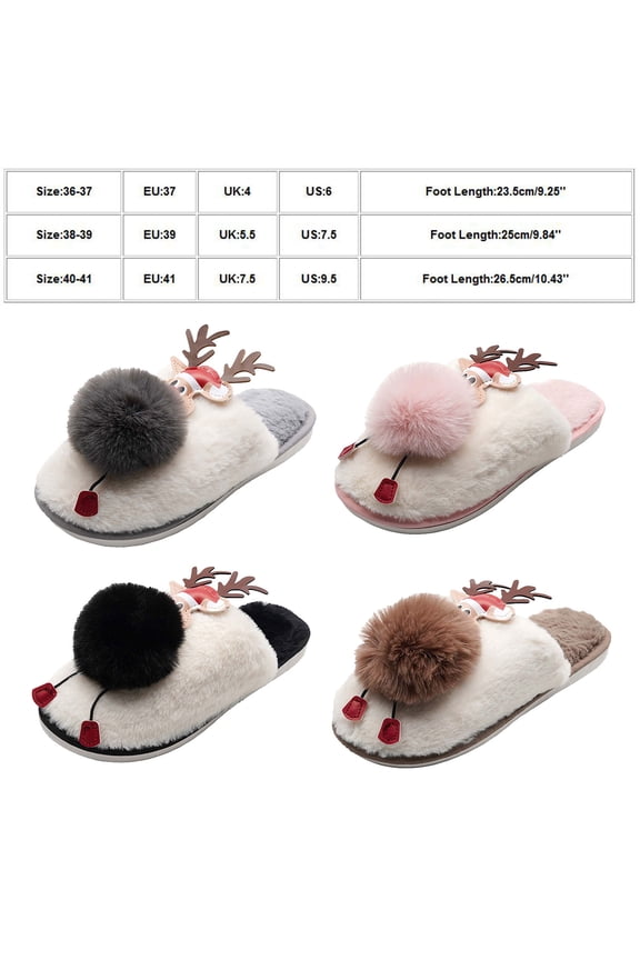 Christmas Pompoms Slippers for Women Soft Plush Comfy Warm Slip-On House Slippers Flat Slide Slippers (Black)