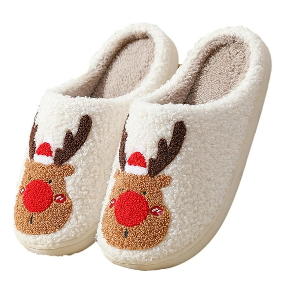 JeashCHAT Christmas Reindeer Slippers Soft Plush Comfy House Slippers Winter Warm Slip On Outdoor Indoor Slides Cotton Slippers for Women and Men