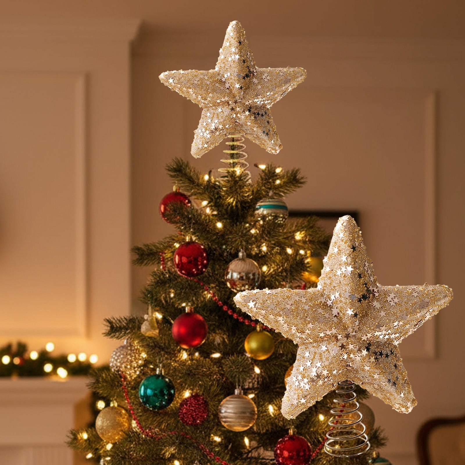 JeashCHAT Christmas Star Tree Topper, Glitter Sequin Star Xmas Tree ...