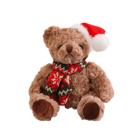 JeashCHAT Christmas Teddy Bear Stuffed Animal Plush Toy, Christmas Gifts Decorations, Cute Bear Doll with Red Santa Hat and Knitted Scarf, 7.87 Inch