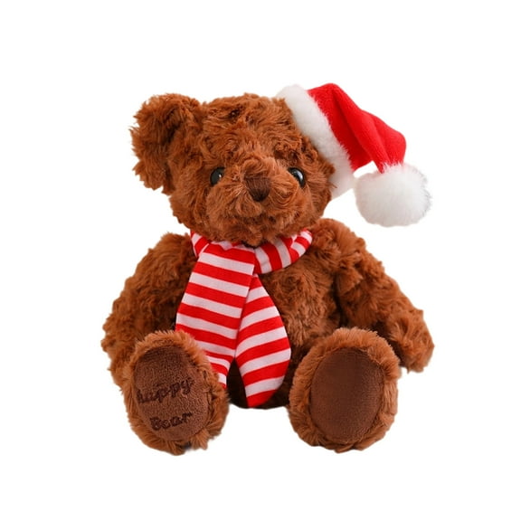 JeashCHAT Christmas Teddy Bear Stuffed Animal Plush Toy, Christmas Gifts Decorations, Cute Bear Doll with Red Santa Hat and Striped Scarf, 7.87 Inch