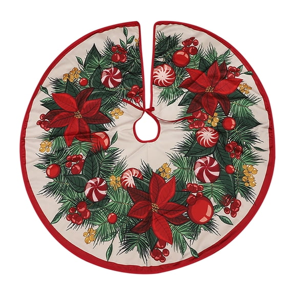 JeashCHAT Christmas Tree Skirt 35.4" Poinsettia Berry Wreath Printed Tree Skirt Christmas Tree Mat Xmas Party Winter Holiday Decorations for 5Ft/6Ft/7Ft Christmas Tree