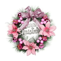 JeashCHAT Christmas Wreath Decorations for Front Door, Artificial Green Pine Needles Wreath with Bow Poinsettia Christmas Flowers Berries Ball Gift Box Merry Christmas Ornaments, 11.8"