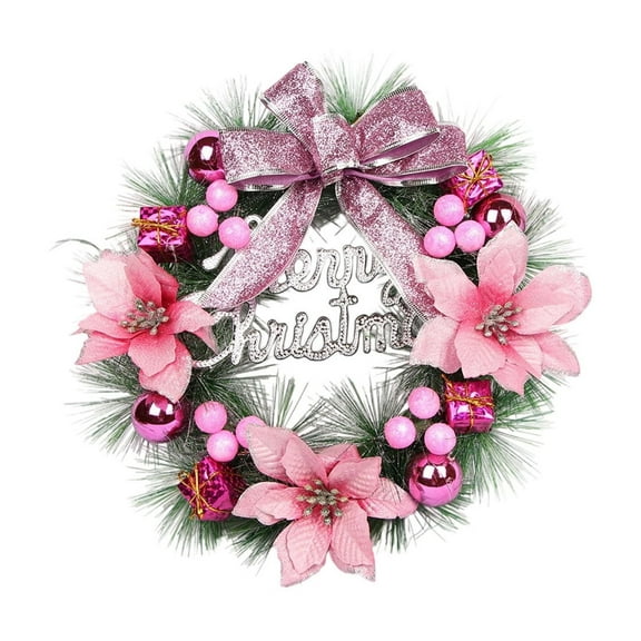 JeashCHAT Christmas Wreath Decorations for Front Door, Artificial Green Pine Needles Wreath with Bow Poinsettia Christmas Flowers Berries Ball Gift Box Merry Christmas Ornaments, 11.8"