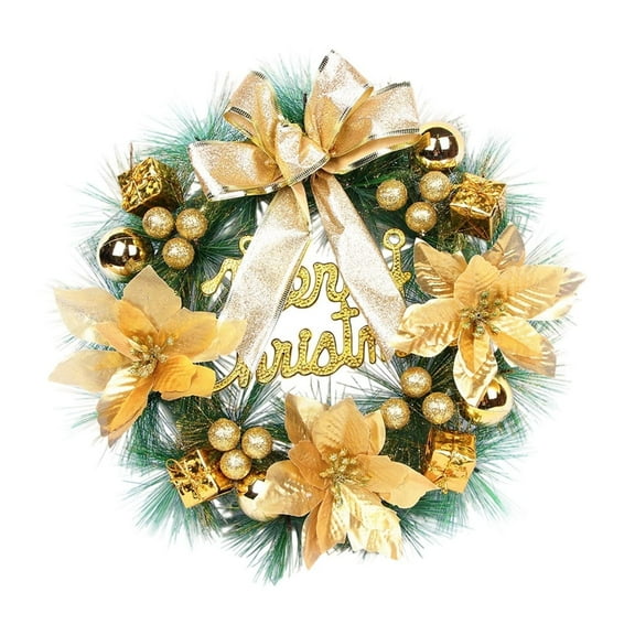 JeashCHAT Christmas Wreath Decorations for Front Door, Artificial Green Pine Needles Wreath with Bow Poinsettia Christmas Flowers Berries Ball Gift Box Merry Christmas Ornaments, 11.8"