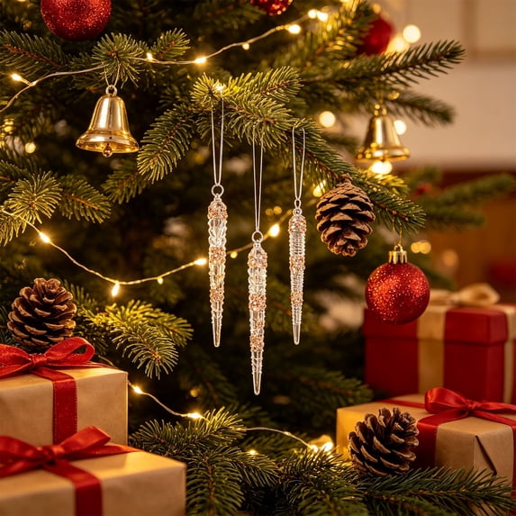 JeashCHAT Clear Acrylic Christmas Ornaments, Transparent Icicle Drop Hanging Ornaments with Glitter Sequins, Christmas Tree Decorations Xmas Gifts